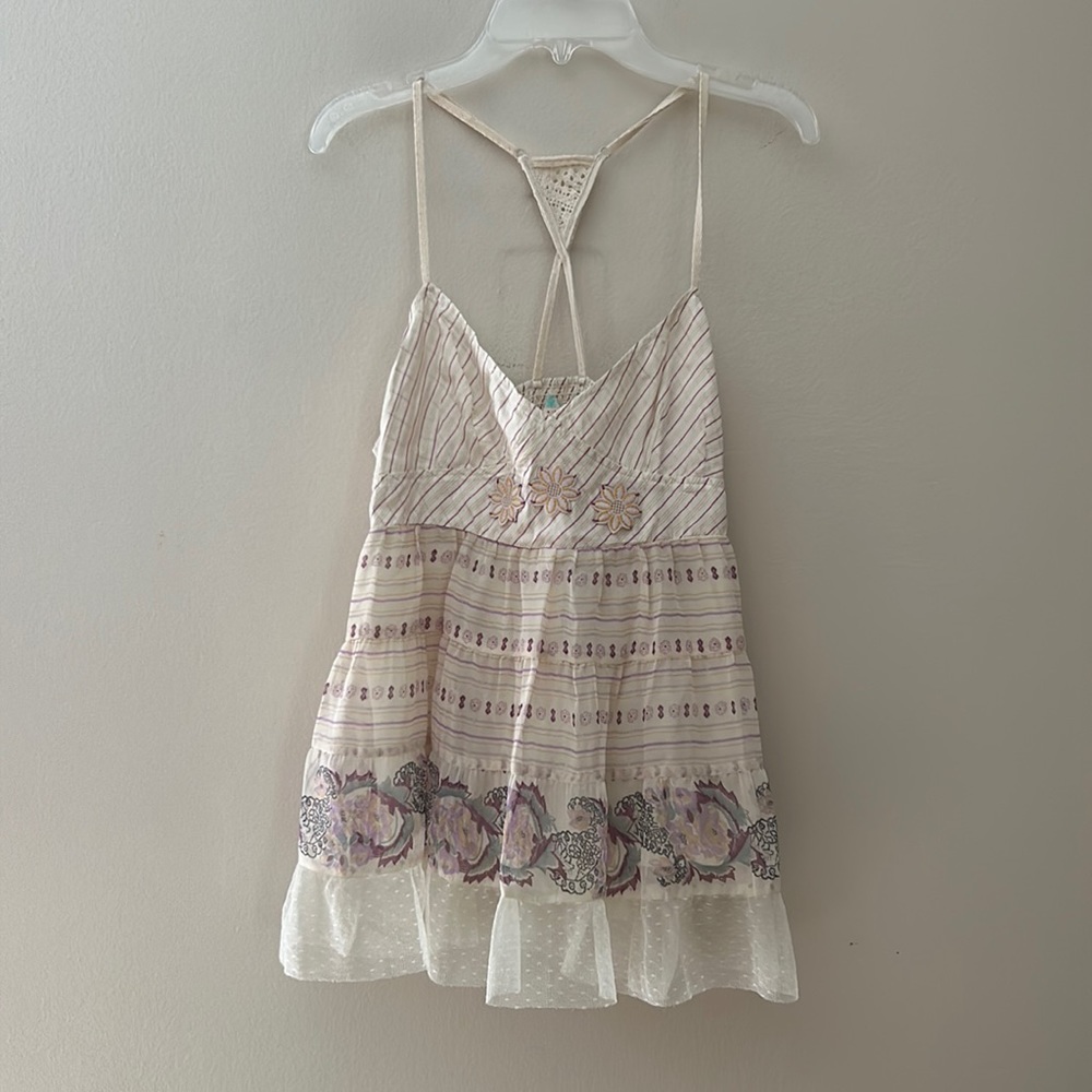 Free People Cream and Purple Strappy Blouse